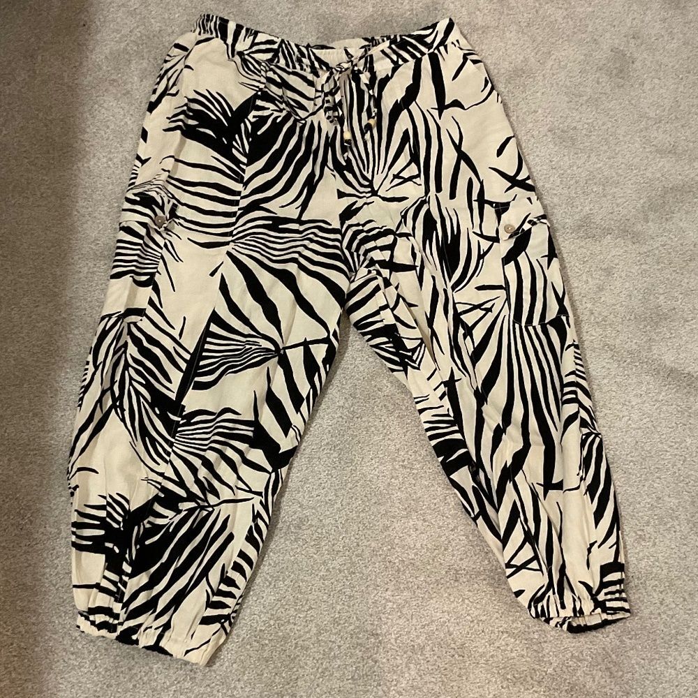 Rachel Zoe Plus Linen Blend Drawstring Cargo Joggers Size 1X Black/Khaki - Picture 8 of 11